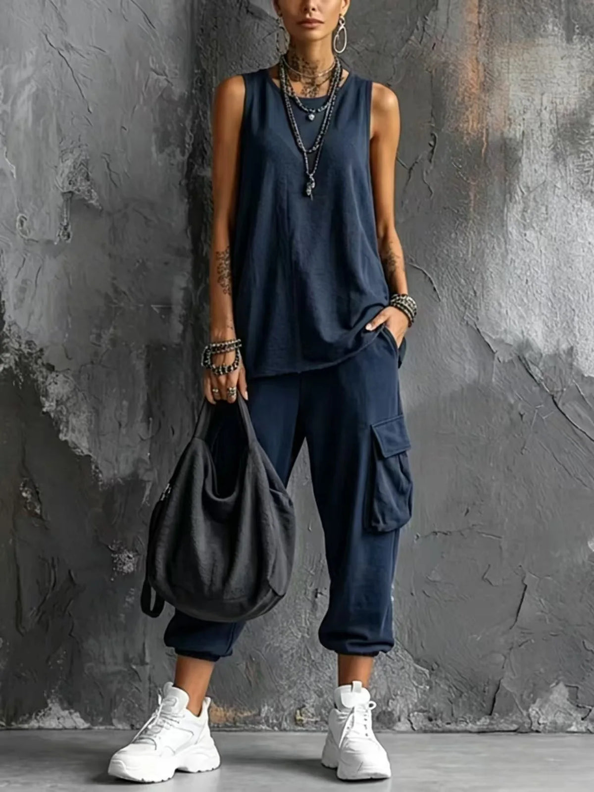 Boho Vacation Summer Sport Outfits Woman O Neck Sleeveless Top Big