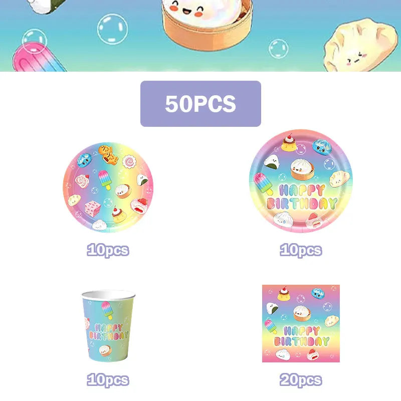 Squishy Bao Bun Themed Birthday Party Decorations Set Tableware Paper Plates Cups Cute Squishy Gift Bags Balloon Banner Supplies