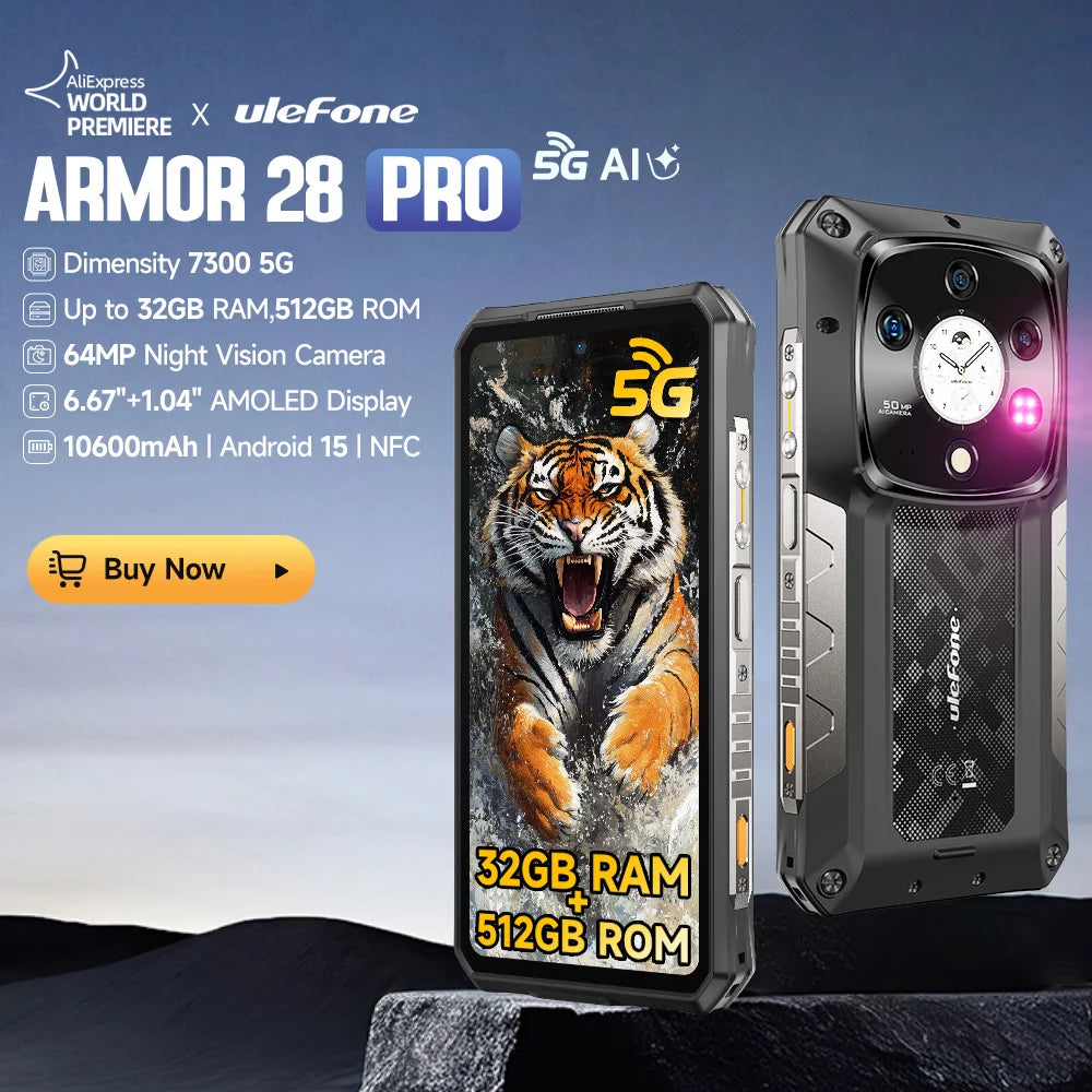 Ulefone Armor 28 Pro 5G AI Rugged Phone 512GB ROM Smartphone 120W MTK Dimensity 7300 10600mAh 6.67”AMOLED 64MP Mobile Phone
