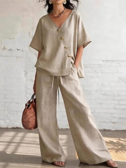 Casual Loose Pants Sets Women Summer 2026 Fashion Short Sleeve V-neck Tops And Wide Leg Pant 2 Piece Set Woman Outfits
