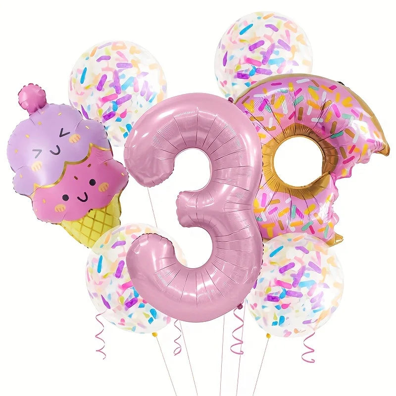 7-Piece Set of Cute Pink Donut Candy Foil Balloons 40inch Ice Cream Themed Birthday Party Scene Decoration Photo Props Indoor and Outdoor Decoration Cool Summer Gifts Anniversary Supplies, Halloween Decorations, Christmas Dec