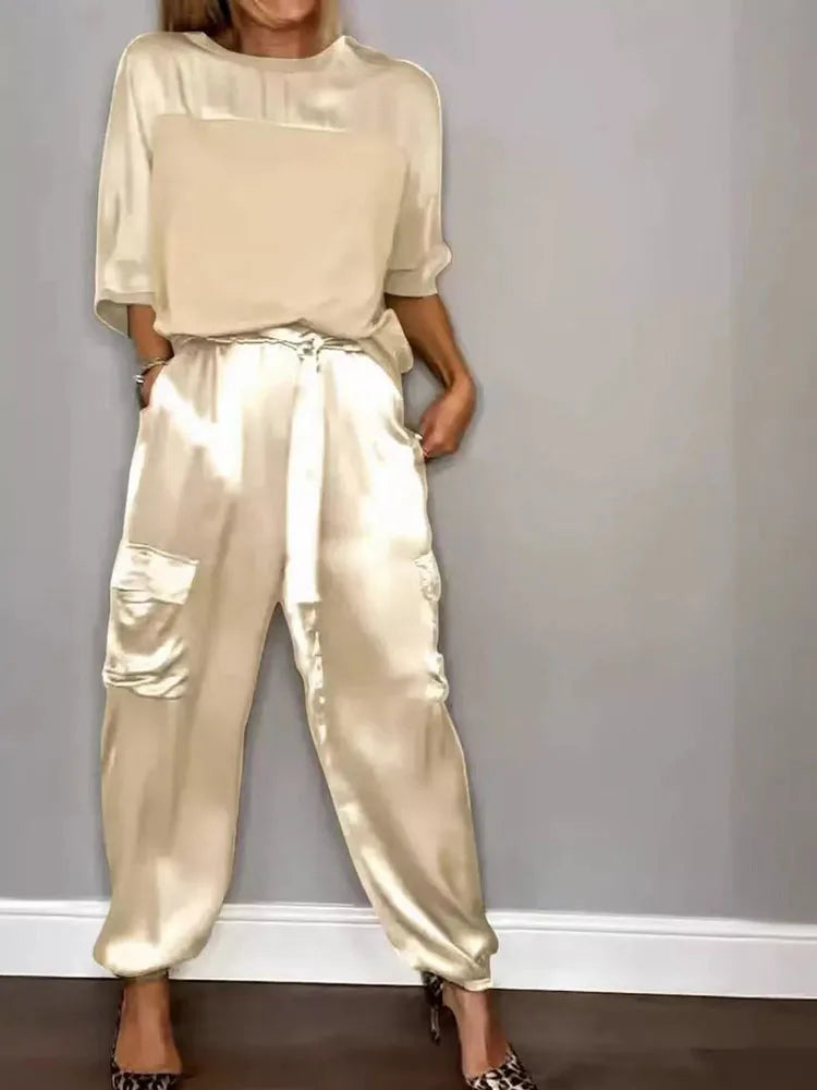 Women's Summer Fashion Solid Satin Two Piece Set Women O Neck Long Sleeved Top Long Pants Casual Loose 2 Piece Set Women Clothes