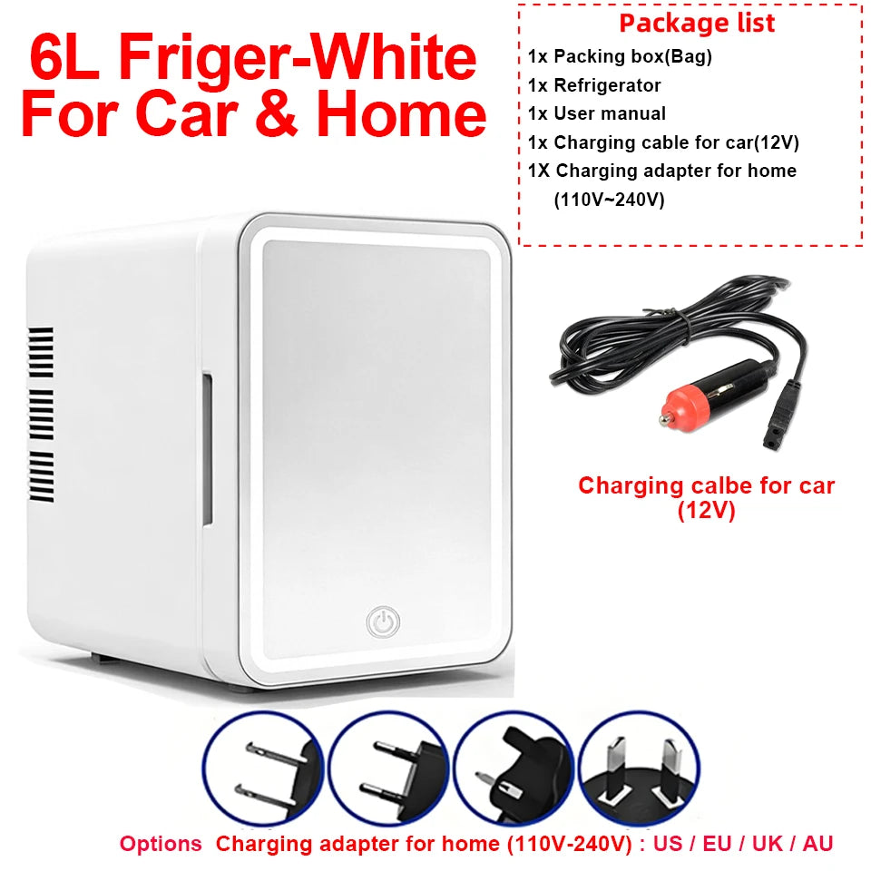 6L/9L LED Mirror Mini Fridge With Light 12V 240V Portable Cosmetic Refrigerator Cooler Warmer for Car Home Makeup Skincare