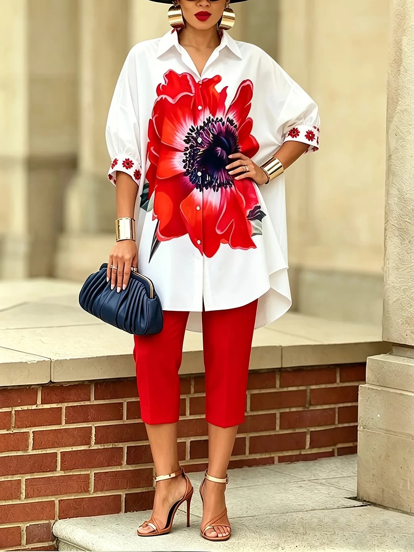 Vintage Women Floral Printed 2 Piece Set Single-breasted Short Sleeves Turndown Collar Shirts Solid Slim Trousers Casual Outfit