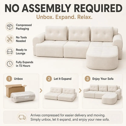 110" Boneless Chenille Cloud Sofa with Chaise, 4 Seater L-Shaped Modular Sectional for Living Room, Beige-White, Customized