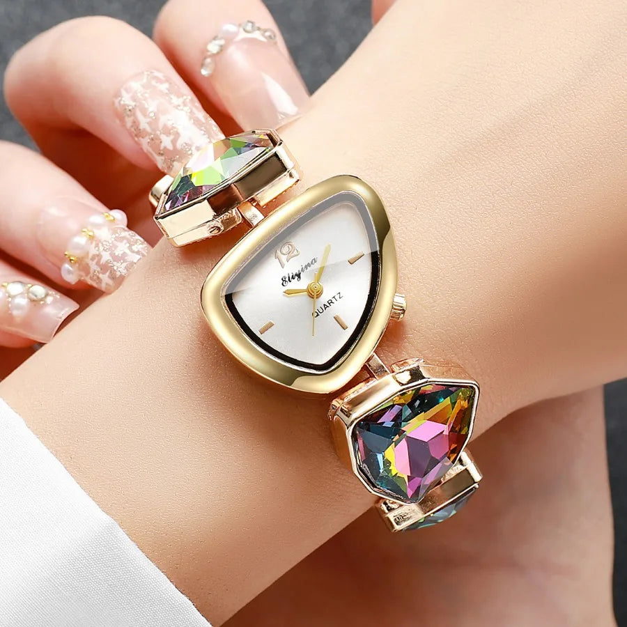 5pcs Luxury Women's Quartz Watch Jewelry Set Fashion Colorful Diamond Women Watches Necklace Ring Earrings Accessories Gifts Set