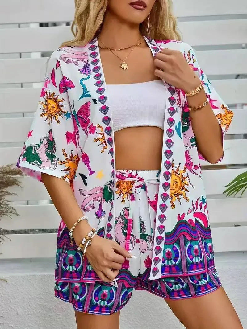 Summer Women's Suit With Shorts Printed Crop Top Short Pants Blue Patterned Set Green Floral Casual Shorts