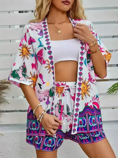 Summer Women's Suit With Shorts Printed Crop Top Short Pants Blue Patterned Set Green Floral Casual Shorts