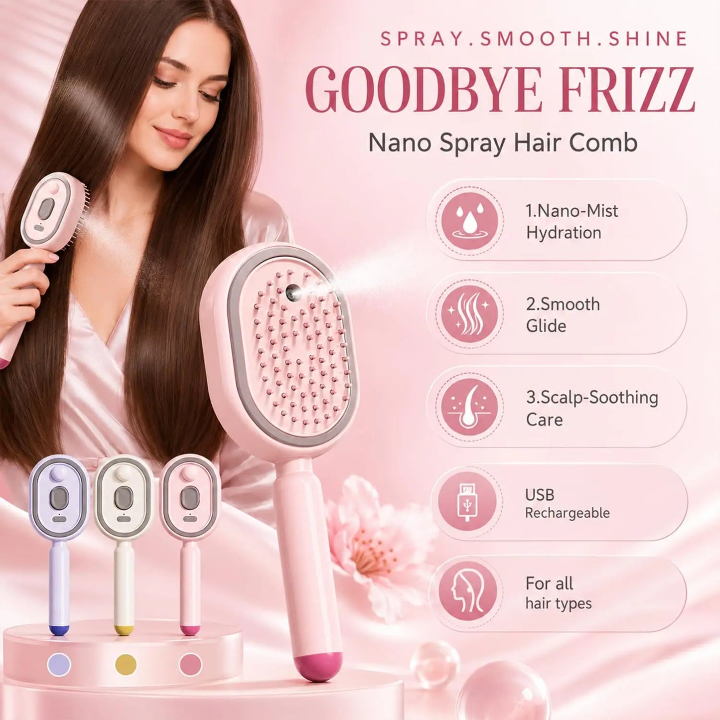2026 Electric Steaming Hair Straightener Brush Electric Spray Air Cushion Massage Hair Brush Rechargeable Detangling Steam Brush