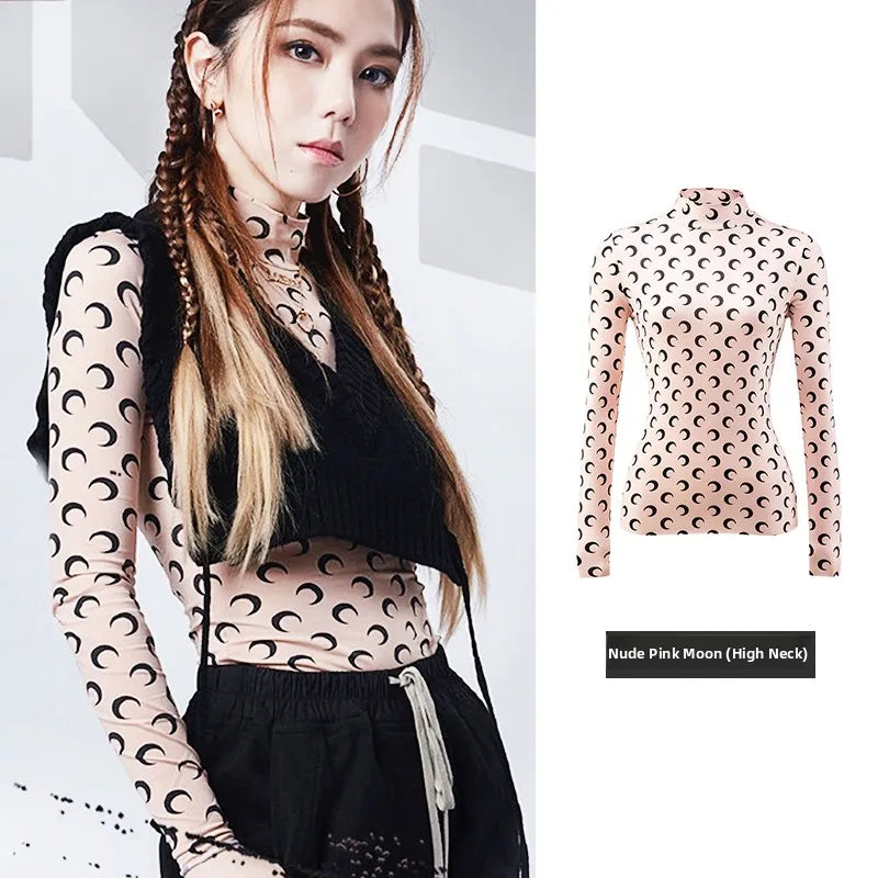 Sweet Two Piece Set Women American Retro Layered Outfit Long Sleeve Moon Print Top Ice Silk Pants Sexy Casual Autumn Fashion