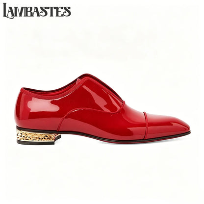 Gold Geometric Heel Patent Leather Mens Loafers Polished Glossy Upper Red Lining Formal Dress Shoes Embossed Gold Heel Loafers