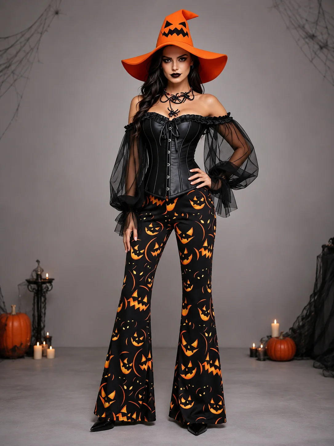 Womens Halloween Witch Cosplay Outfit, Off Shoulder Sheer Mesh Sleeve Corset Top Pumpkin Face Print Flare Pants & Witch Hat for Carnival Costume Party