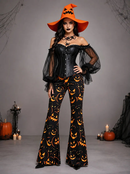 Womens Halloween Witch Cosplay Outfit, Off Shoulder Sheer Mesh Sleeve Corset Top Pumpkin Face Print Flare Pants & Witch Hat for Carnival Costume Party