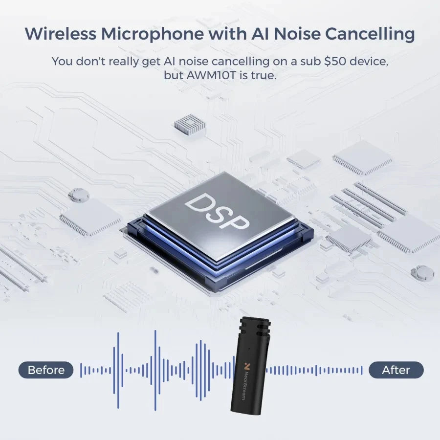 NearStream AWM10T Plus 1-to-2 Wireless Lavalier Microphone, AI DSP Noise Canceling, 33Ft Stable Transmission, 6H Long Battery, Auto Pair Plug & Play Mic for Classroom Vlog Live Stream iPhone Android PC