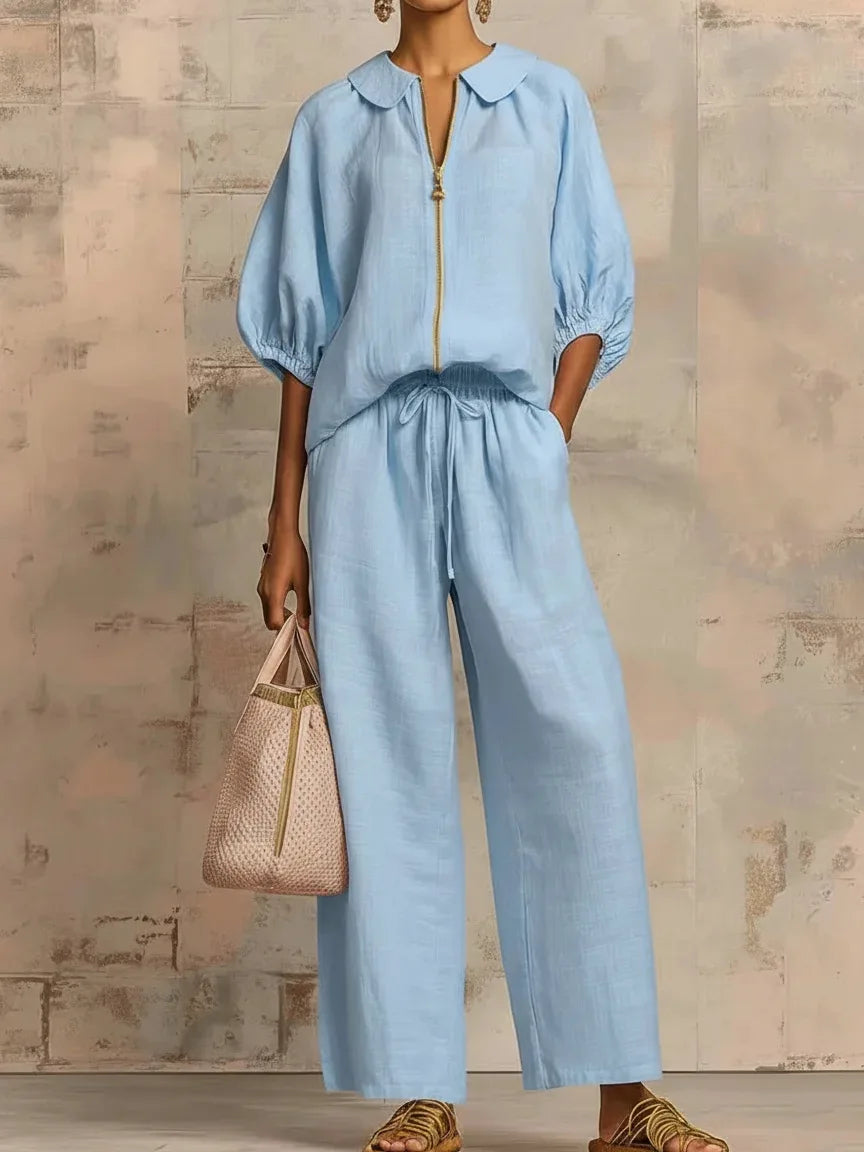Women's Casual Solid Color Cozy Pant Set Chic Laple Zipper Short Sleeve Shirt Elasticity Waist Pant Suit Women New Two Piece Set