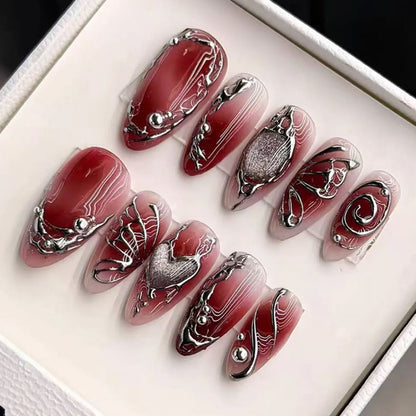24pcs Red Star Print Fake Nails Sweet Cool Short Almond Press on Nail for Women Wearable Detachable Ins Spice Girl False Nails