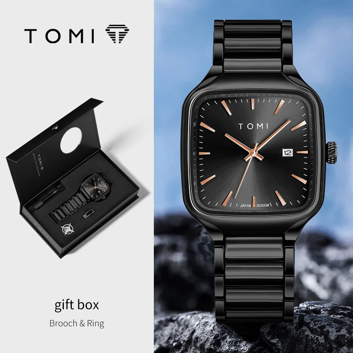 TOMI Men's Quartz Watch New Fashion Box Set Cufflinks Ring Fashion Set Box Watch as a Gift for Men's Gift Box