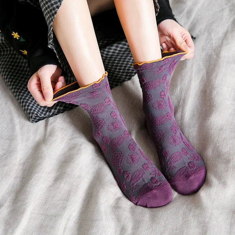 Harajuku Retro Vintage Frilly Ruffle Socks Women Korean Fashion Lace Flower Crew Socks Ethnic Japanese Kawaii Girls Cute Socks