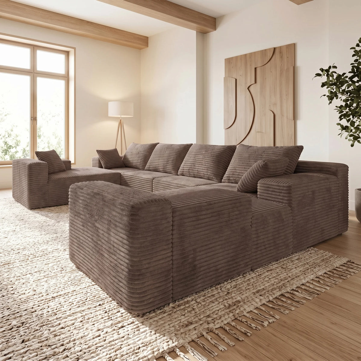 139 Inch U-Shaped Extra Large Corduroy Sectional Sofa Deep Seat Cloud Couch Modern Upholstered Fabric No Assembly Required for Family Gatherings Minimalist Living Room Furniture