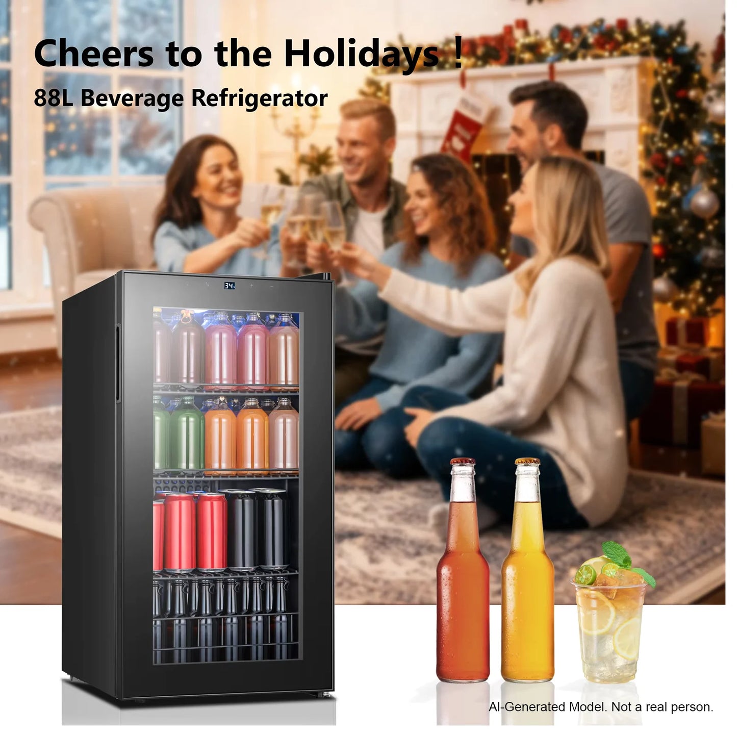 60 Cans Beverage Refrigerator 46L Mini Drink Cooler 1‑12℃ Electronic Temperature Control Glass Door Right Open For Home Bar Commercial Use
