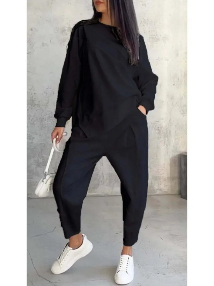 Autumn Winter Solid Color Casual Loose Irregular Long Sleeve Hoodie Women's Suit Fashion Simple Harun Pants Female 2 Piece Set