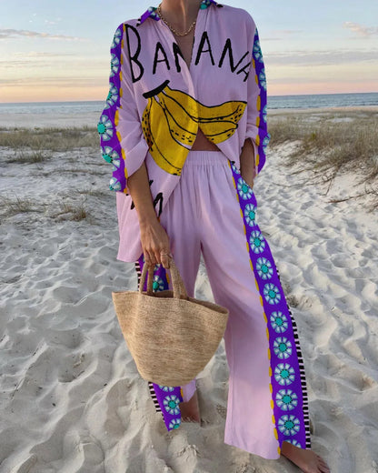 Fashion Print Beach Holiday 2-Piece Set Women Spring Summer Long Sleeve Shirt Top + Wide Legs Women's Oversized Two-Piece Outfit