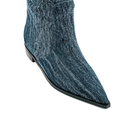 Silver Flat Bottomed Fashion Pleated Boots Big Size 36-47 Stone Grain Knee High Boots Pointed Denim Low Heels Sexy Women Shoes