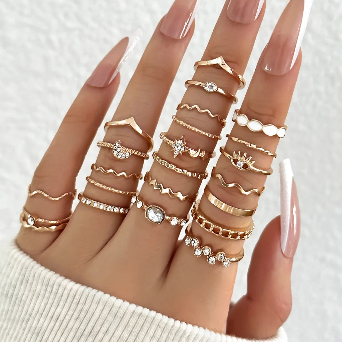 23pcs Fashion Knuckle Rings Set for Women Crystal Star Moon Eye Wave