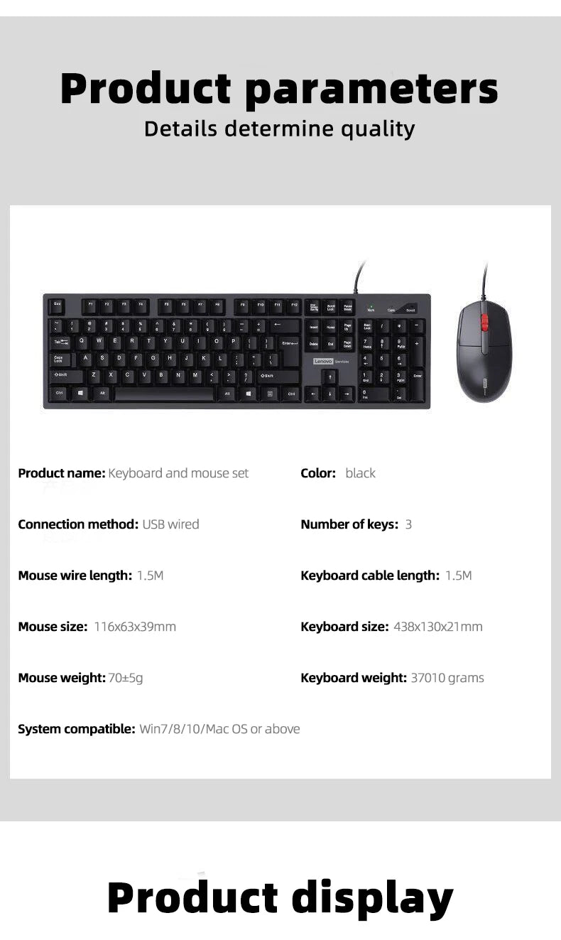 Lenovo Wired Keyboard And Mouse Set Splash-Proof for Home And Business Office Use Compatible with Desktops And Laptops 104 Keys