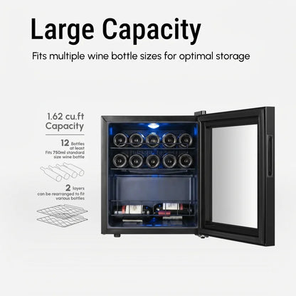 46L Single Zone Wine Cooler, Freestanding Compressor Wine Refrigerator 37-65°F Digital Temp Control Quiet 42dB Wine Storage Cabinet for Home Bar