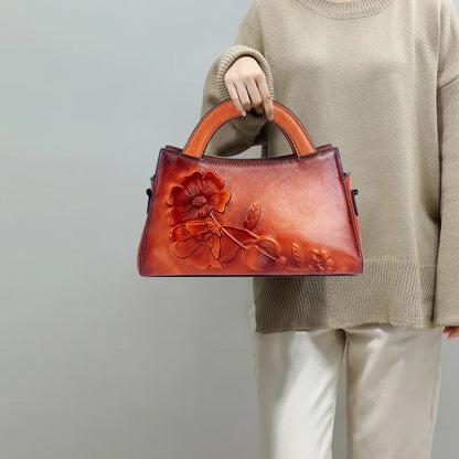 New 2024 Vintage Women's Bag Leather Tote Top Layer Cowhide Crossbody Bag Hand-carved Women's Shoulder