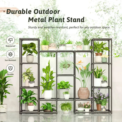 Large Plant Stand Indoor Outdoor Metal Plant Shelf Waterproof Plant Rack For Multiple Plants Wide Flower Stand For Patio Balcony Garden Black