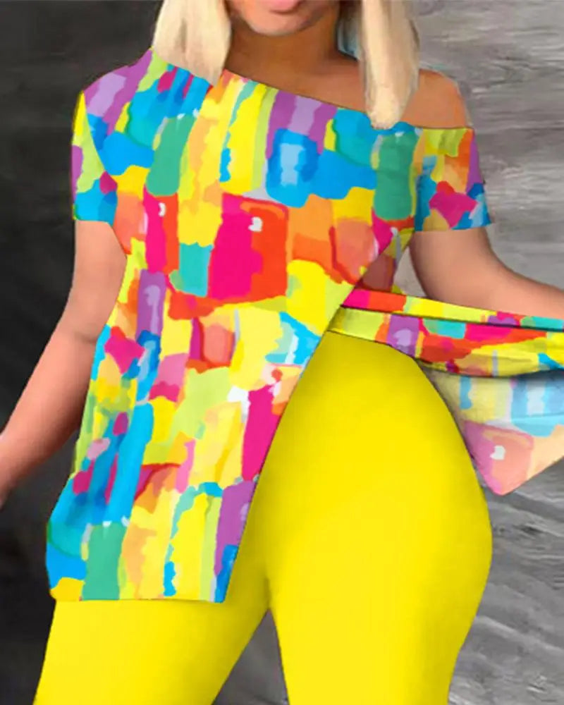 Two Piece Sets Women Outifits 2023 Spring Fashion Geometric Print Slant Neck Short Sleeve Hem Slit Top & Casual Skinny Pants Set