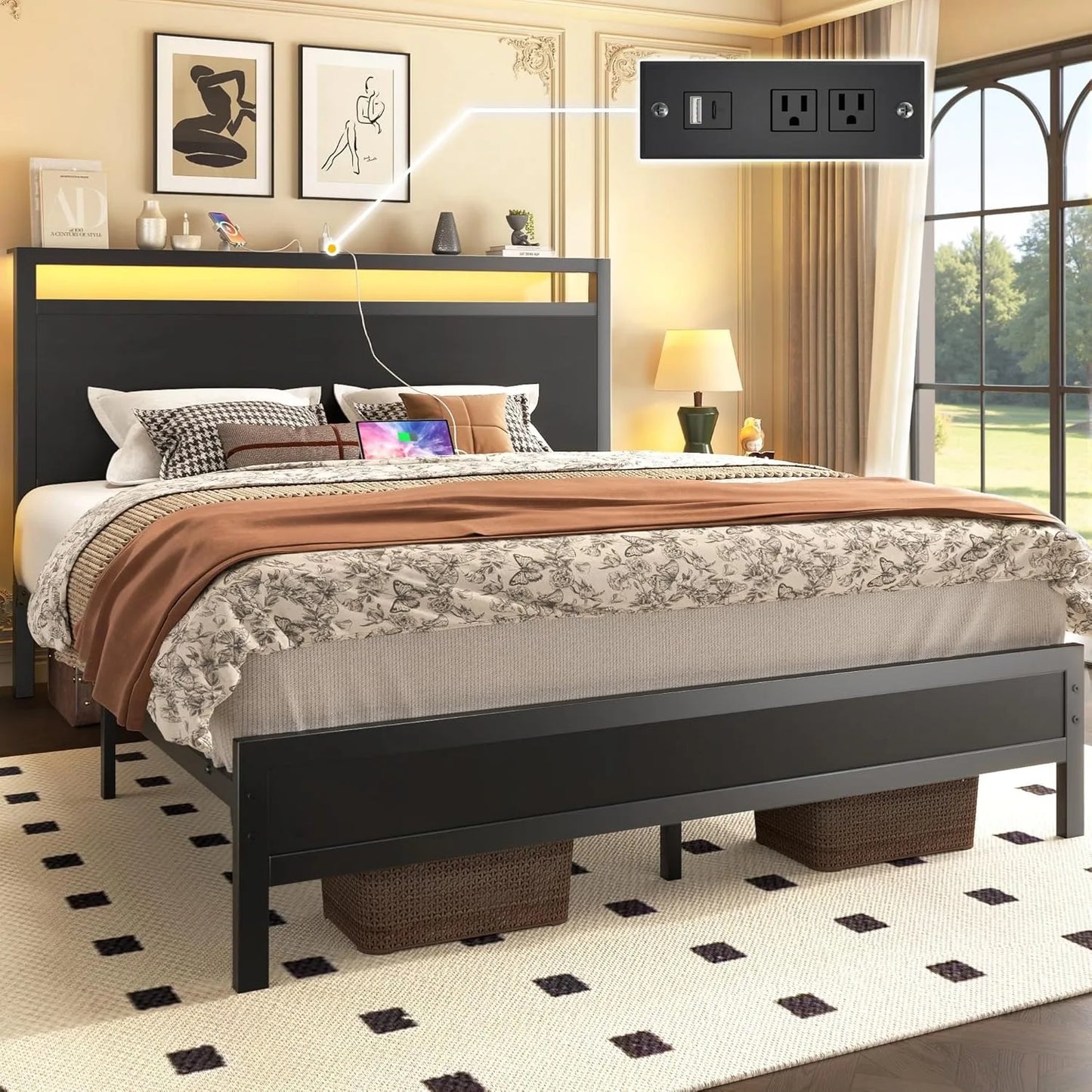 Fluest Queen Bed Frame with Headboard & Footboard, Bed Frame with Built-in Charging Station LED Light, Storage Shelf，Customized
