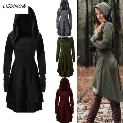 Medieval Cosplay Renaissance Archer Costumes Hooded Robe Lace Up Pullover Long Hoodie Dress Cloak Halloween Party