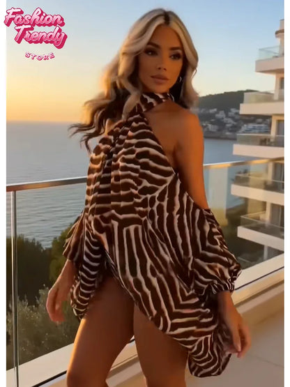 Y2k Mixed Leopard Zebra Two Piece Set Tie Halter Cut Out Shoulder Flared Sleeve Top High Cut Bodycon Shorts Sets Night Out Suit