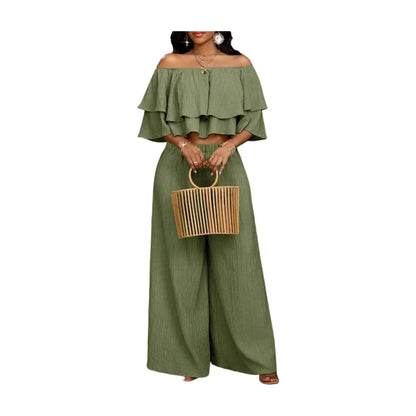 Women's Off Shoulder Ruffle Crop Top Matching Wide Leg Pants Outfit For Vacation Daily Casual Outdoor Travel Occasions