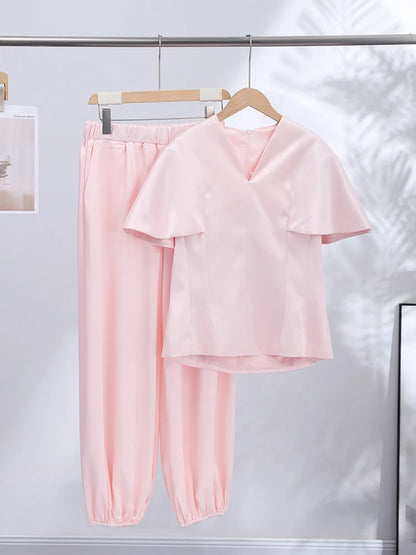 Elegant Women's Top Pant Sets Summer V-neck Short Sleeve Top High Waist Wide Leg Pant Female Suit 2026 Fashion Lady Suits