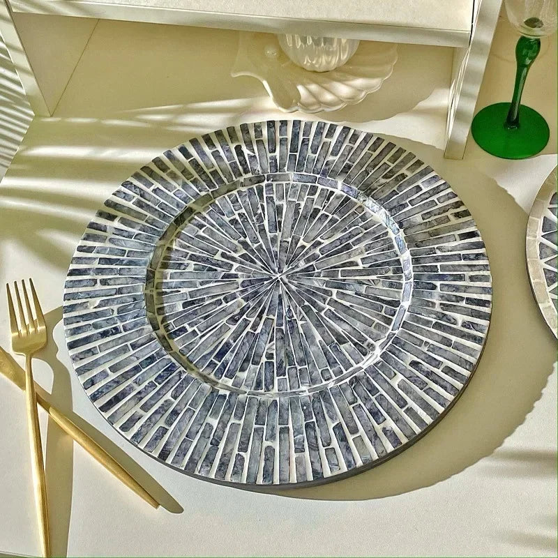 Decorative Plate Natural Shell Wood Plates Set Golden Beads Glass Steak Pasta Serving Tray Dinner Decoration Kitchen Tableware