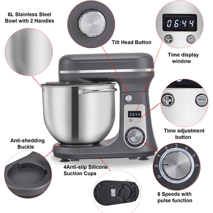 BioloMix 1200W 6L Kitchen Stand Mixer With Quiet DC Motor, 6-Speed, for Blending, Whisking, and Kneading