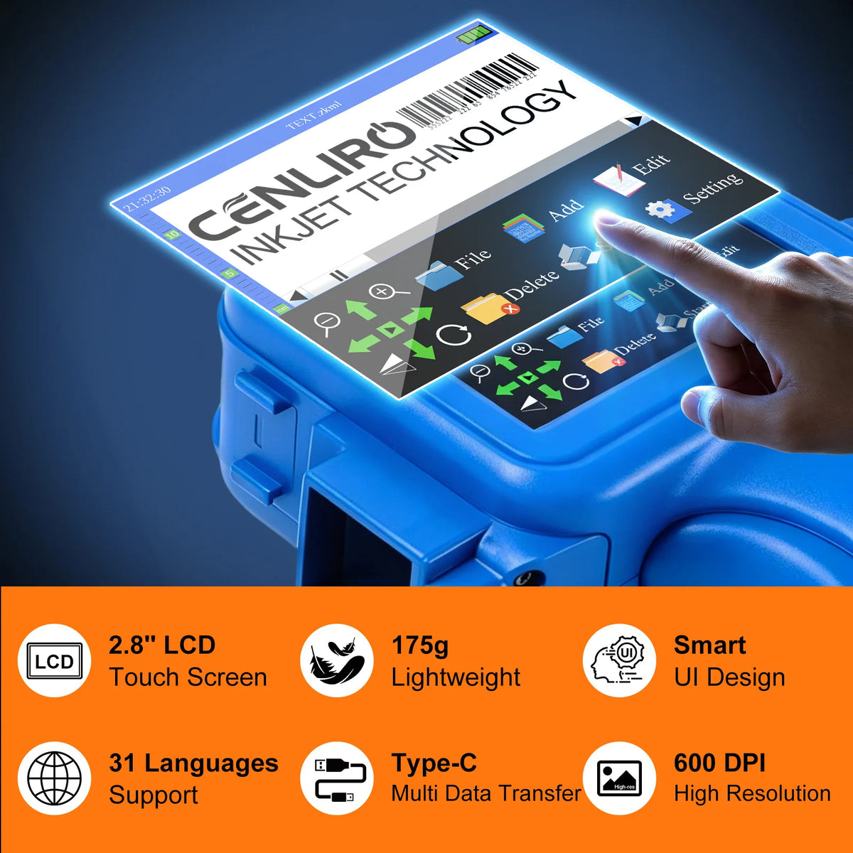 Cenliro Mini Handheld Inkjet Printer CL11P with Black Fast-drying Ink Cartridge for Date Batch Number Logo Code On Any Surfaces