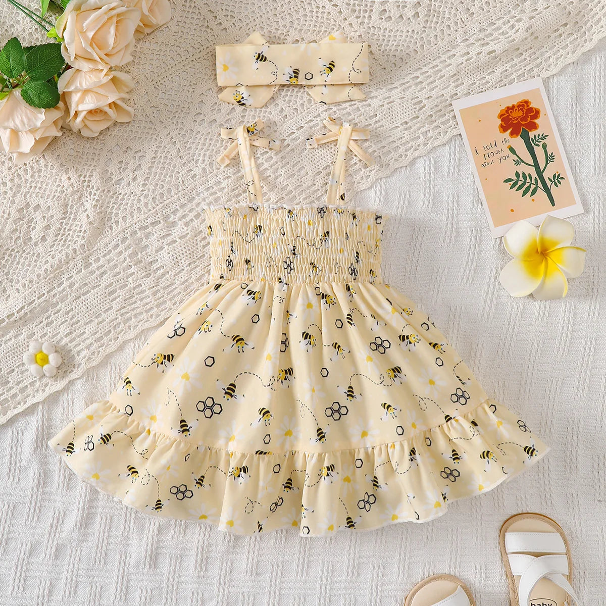 Baby girl Summer Dress Cute Little bee Ruffled Suspender Dress and Headband 2-piece Set for 0-3 Year old Baby girl Casual Dress