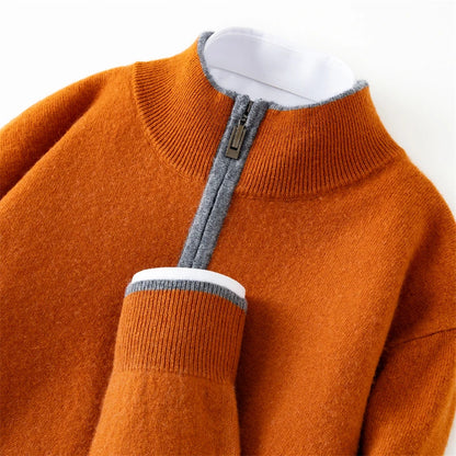 Men's 100% cashmere sweater casual knit pullover shirt loose Mock collar Tops zipper Blouse autumn/winter color blocked Jumper