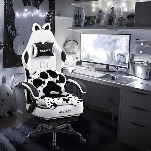 Pink Gaming Chair Cute with Cat Ears Paw Lumbar and Cushion,Ergonomic Computer Chair with Footrest,Reclining PC Game