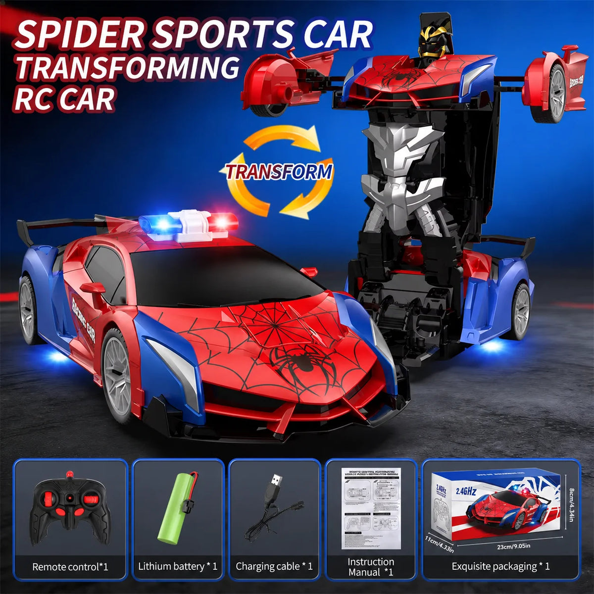 2.4GHz Deformable Spider RC Car - Cool Robot Car with Stunts, Rechargeable Battery & LED Lights, Gift for Kids 3+