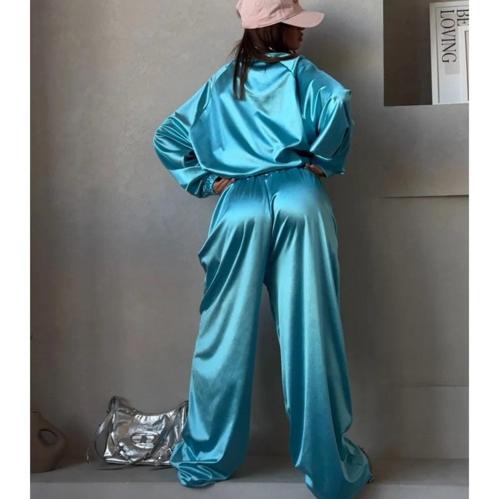 2026Spring Autumn New Satin Women's Sports Suit Fashion Zipper Long Sleeve Jacket Casual Loose Female Wide Leg Pants 2 Piece Set