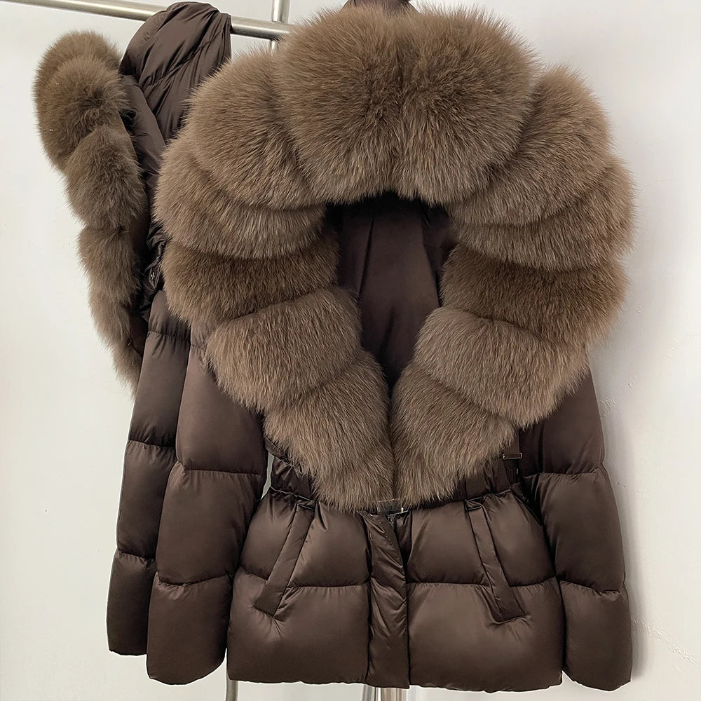 OFTBUY New Fashion Winter Clothes Women Duck Down Coat with Big Natural Fur Collar Belt Hooded Real Fox Fur Puffer Jacket Female