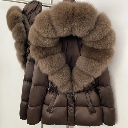 OFTBUY New Fashion Winter Clothes Women Duck Down Coat with Big Natural Fur Collar Belt Hooded Real Fox Fur Puffer Jacket Female