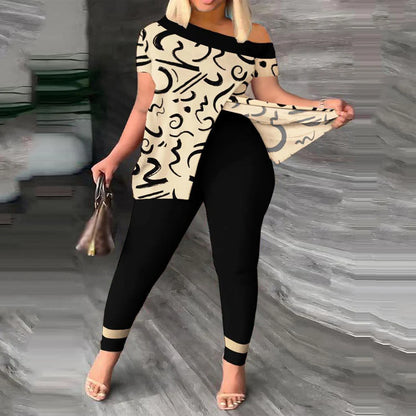 Womens Two Peice Sets Summer Fashion Print Short Sleeve Suit Set Femme Casual Sporty 2Pce One-Shoulder Split Hem Tops &Pants Set