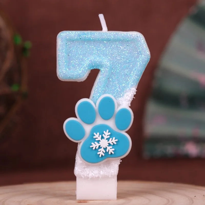 Cat Paw Theme 0‑9 Number Birthday Candle Blue White Glitter Cake Topper With Snowflake Cat Paw Ornament Cake Decoration Supplies